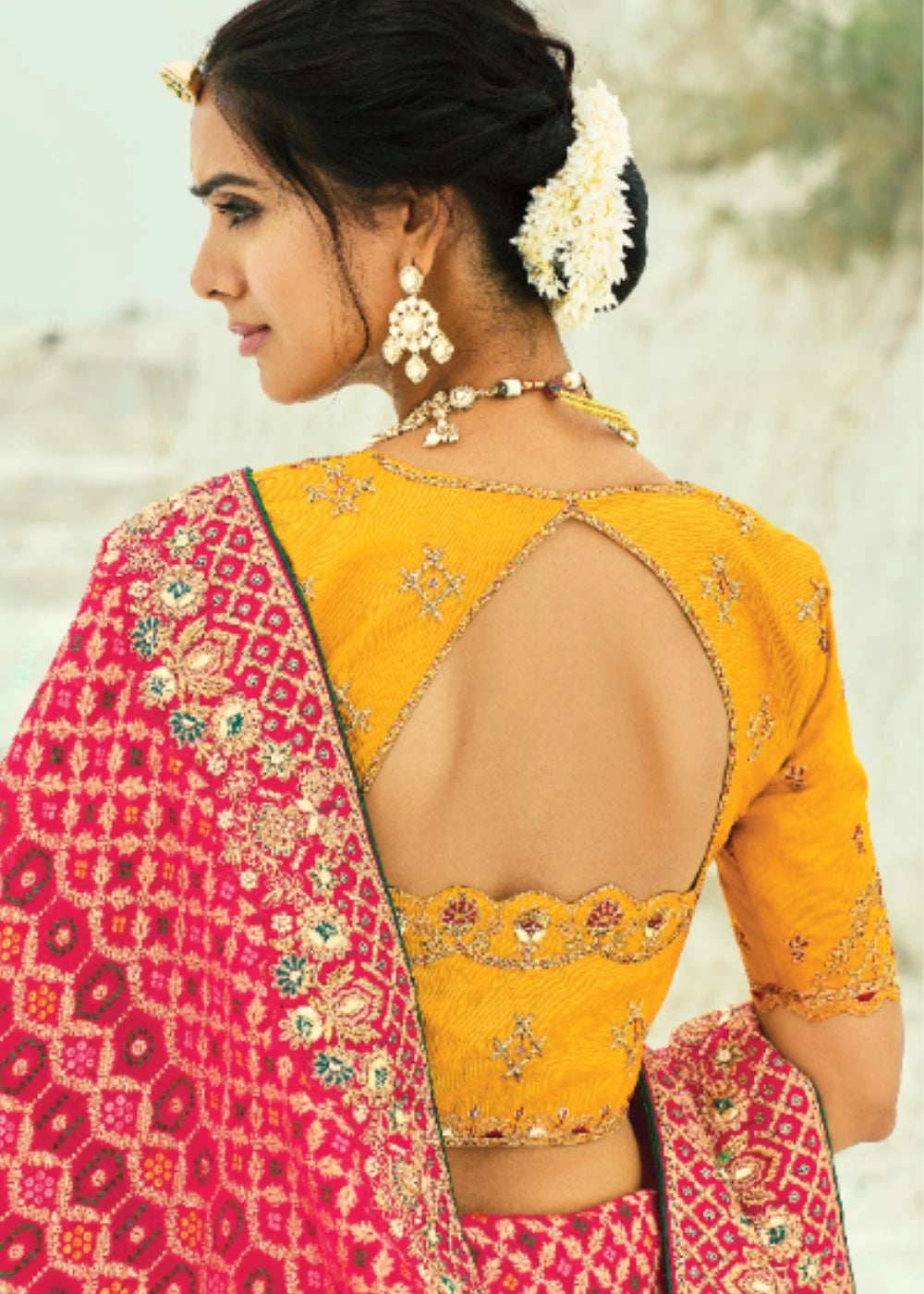 Red Pure Georgette Bandhej Saree with Moti & Cut-Dana Heavy Hand Work Border