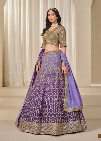 Majestic Amethyst – Imperial Purple Chinon Silk Lehenga with Regal Lavender Drapes