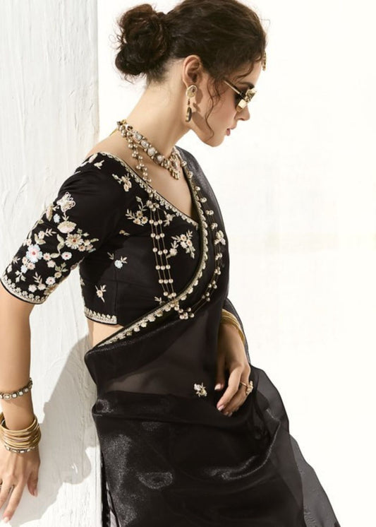 Krishna Ratri-Midnight black elegance adorned with golden buttas organza tissue saree