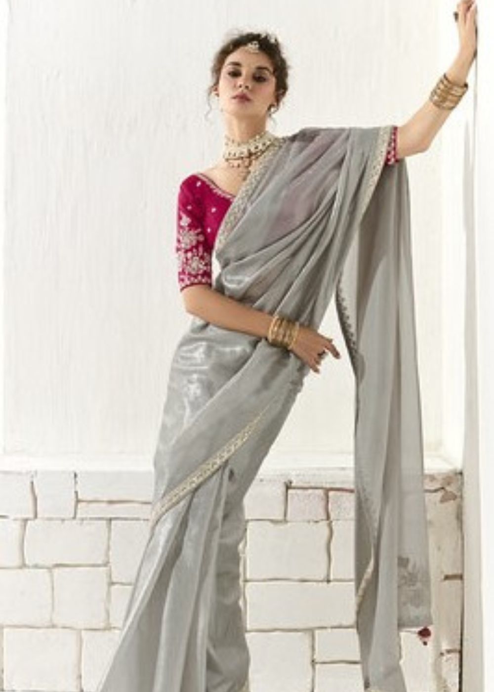 Rajsundari – Silver Grey Organza Tissue Saree with Butta & Designer Border