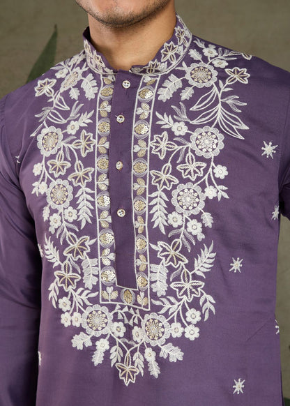 Pastel Purple Rayon Kurta with White Royal Embroidery: Festive Must-Have
