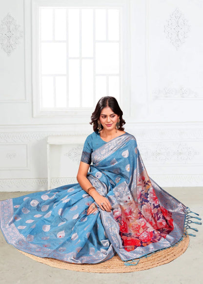Sky Blue Linen Cotton Saree with Zari Weaves & Multi-Floral Printed Pallu