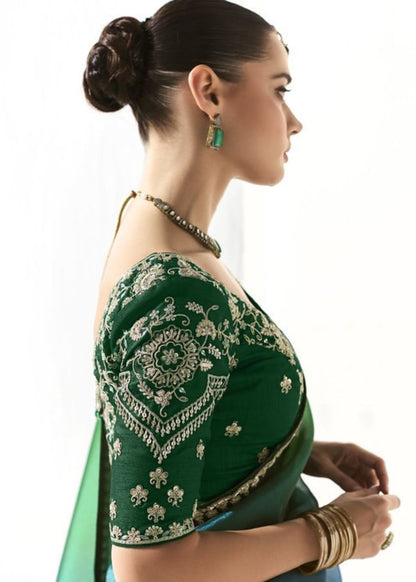 Neelambara-Teal Green Organza Tissue with Heavy Butta & Border Silk Saree