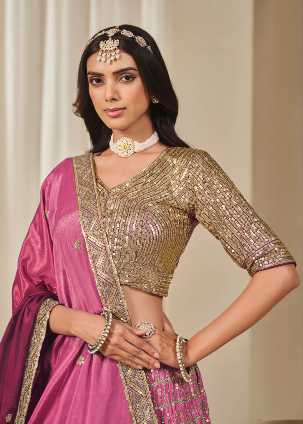 Magenta Empress – Queen’s Pink Chinon Silk Lehenga with Exquisite Royal Detailing