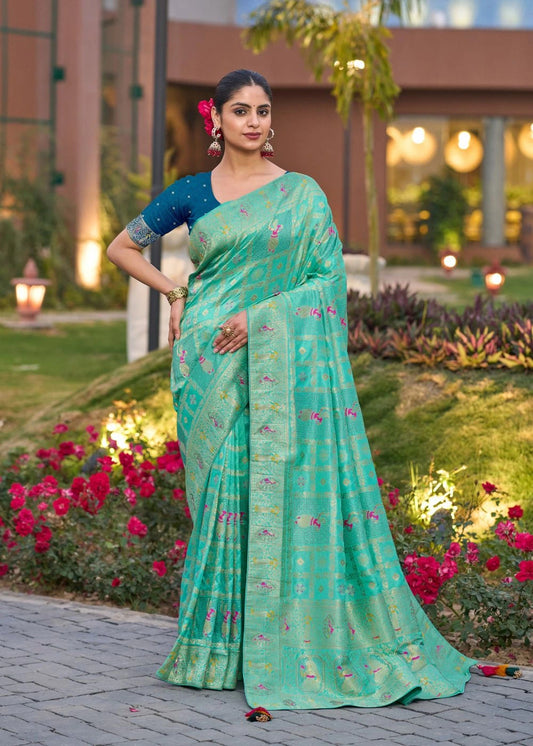 Emerald Aqua Dola Silk Saree with Meenakari Peacock Motifs & Swarovski Sparkle