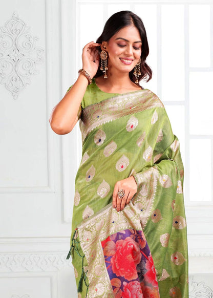 Olive Green Linen Cotton Saree with Traditional Paisley Design & Floral Artwork Pallu
