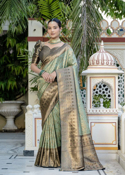 Mint Gold Elegance-Soft Zari & Meenakari Woven (Jaal & Kairi Pattern) all over Saree, Patta & Pallu