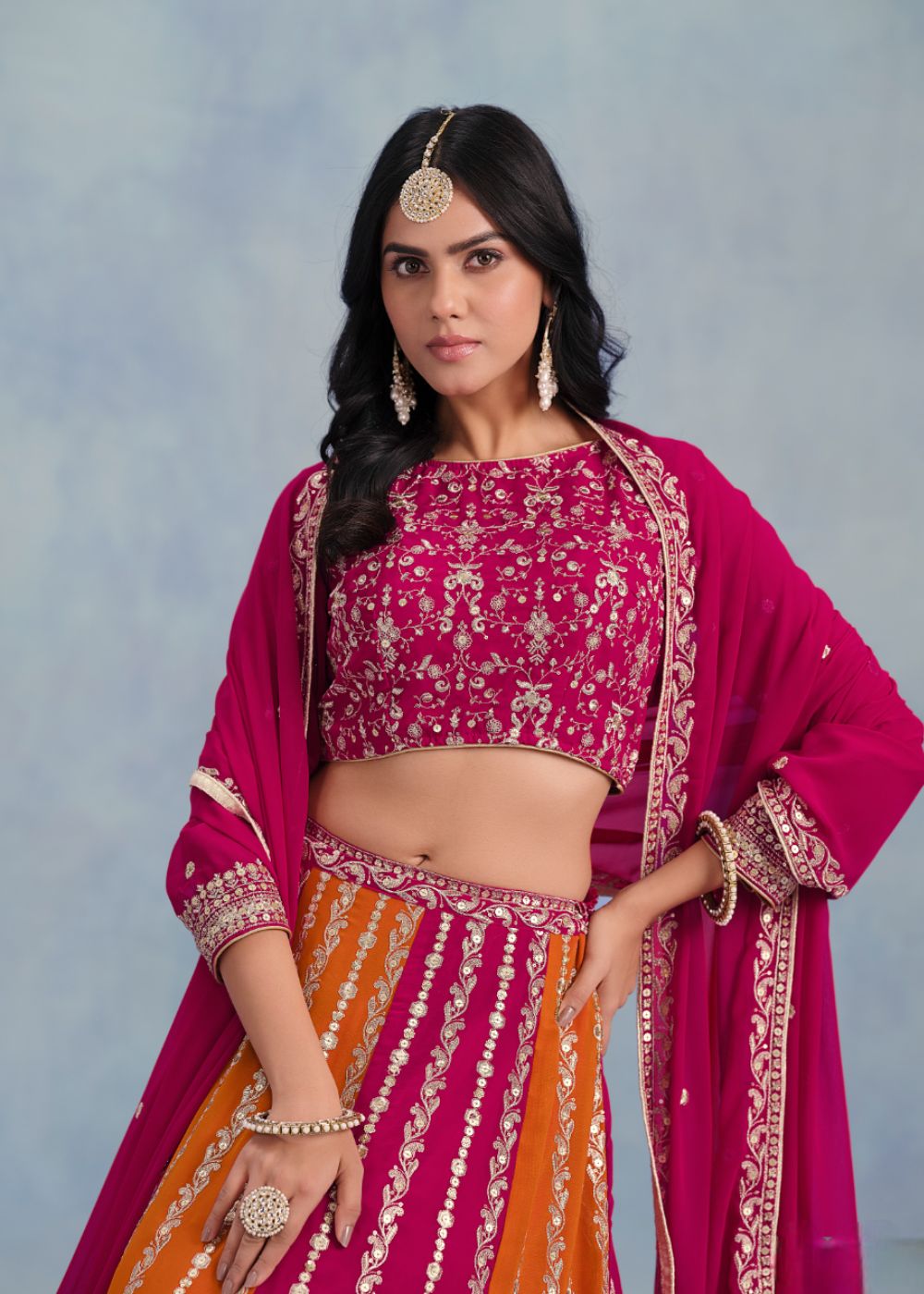 Radiant Magenta & Saffron Embroidered Georgette Lehenga Set