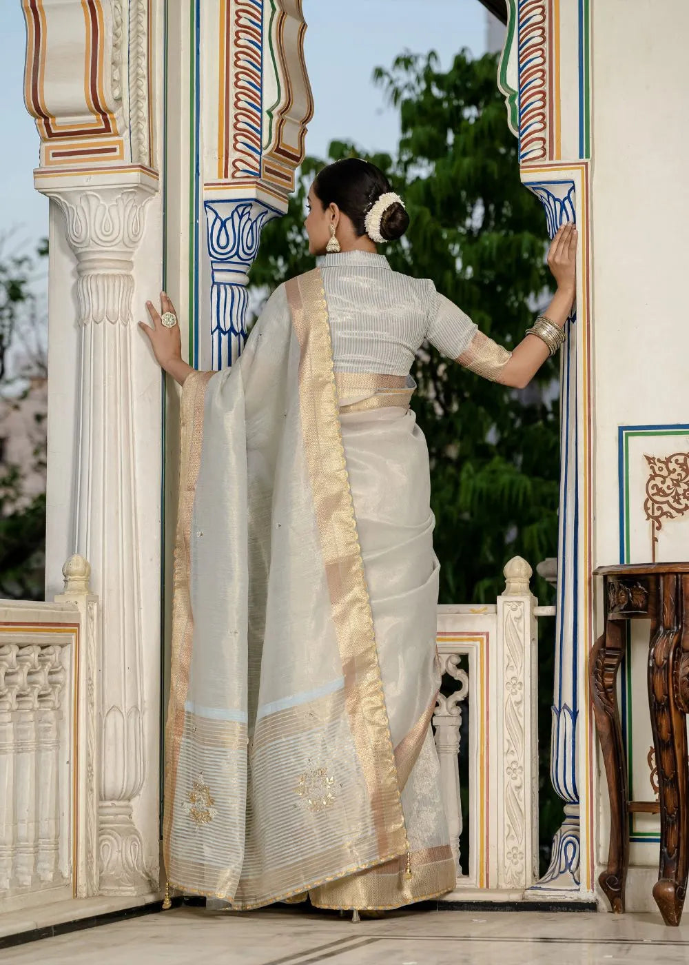 Mint Opulence Tissue Linen Saree with Traditional Handwork and Zari Accents