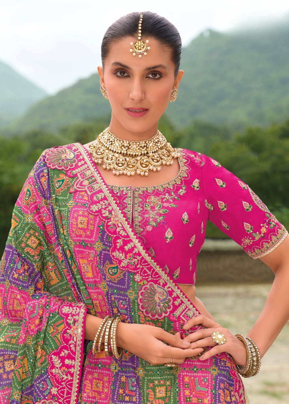 Cream & Fuchsia Heavy Silk Lehenga with Khatli Embroidery