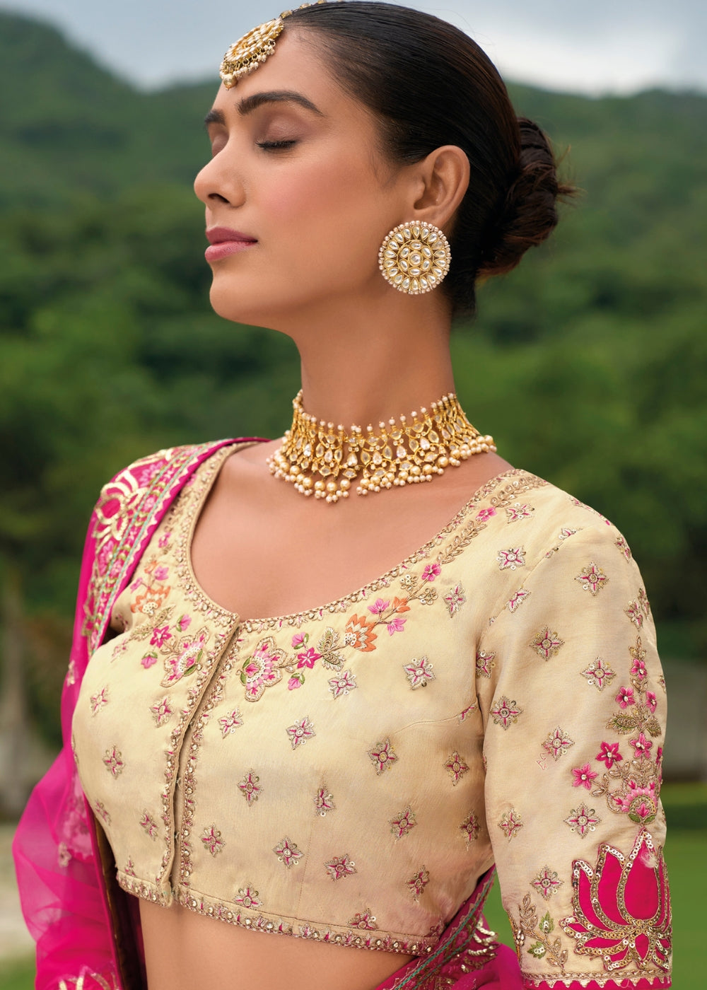 Fuchsia Pink Heavy Silk Lehenga with Khatli Embroidery