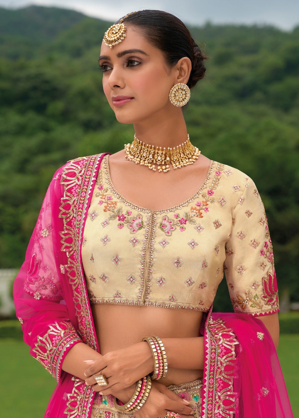 Fuchsia Pink Heavy Silk Lehenga with Khatli Embroidery
