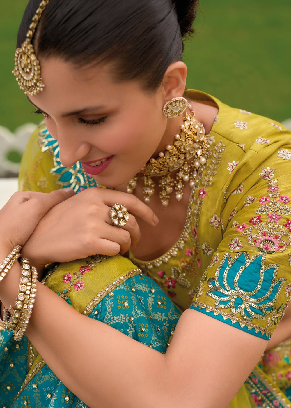 Emerald Green Heavy Silk Lehenga with Khatli Embroidery
