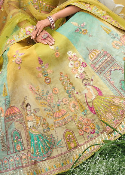 Pistachio Green Heavy Silk Bridal Lehenga with Khatli & Zari Embroidery