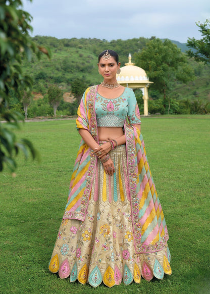 Ivory Beige & Multicolor Heavy Silk Lehenga with Khatli Embroidery