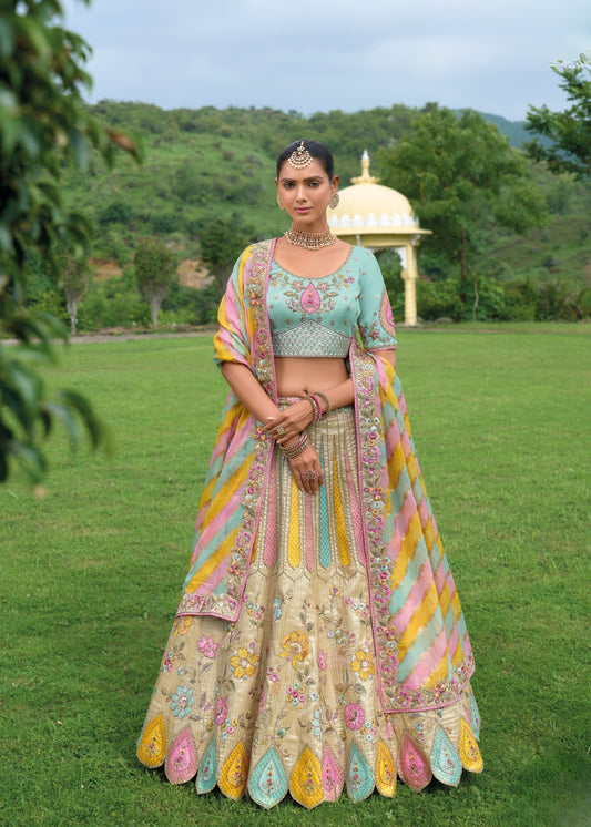 Ivory Beige & Multicolor Heavy Silk Lehenga with Khatli Embroidery