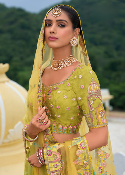 Pistachio Green Heavy Silk Bridal Lehenga with Khatli & Zari Embroidery