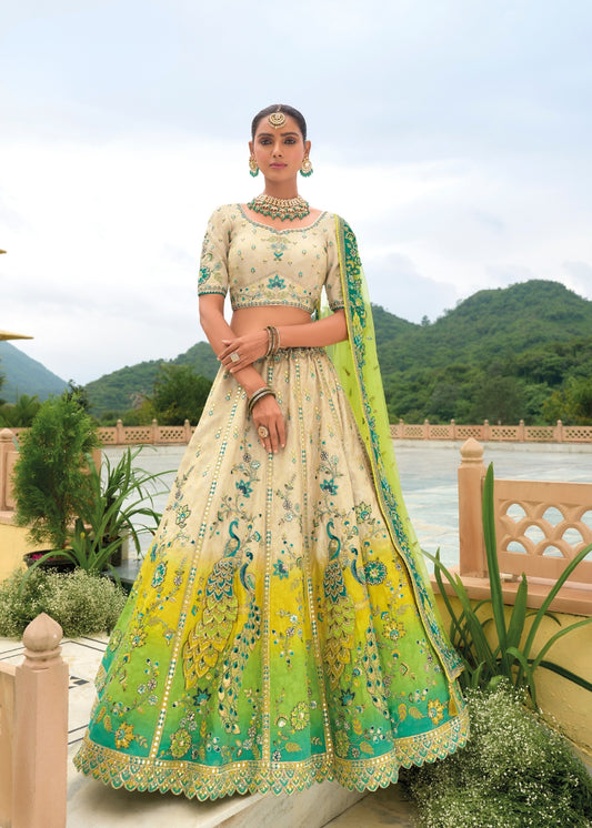 Sunshine Yellow with Blue Tones Heavy Silk Lehenga with Khatli Embroidery