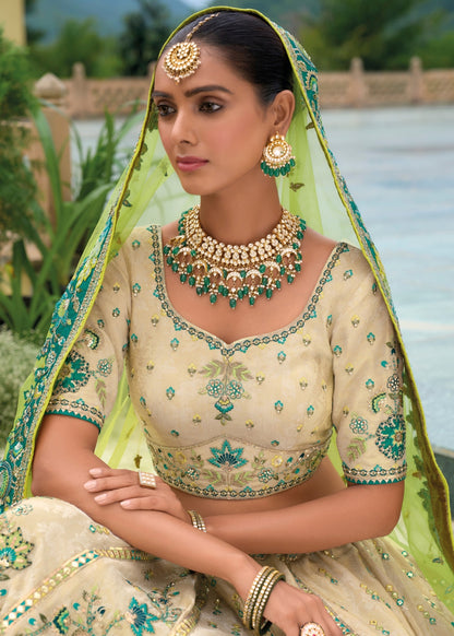 Sunshine Yellow with Blue Tones Heavy Silk Lehenga with Khatli Embroidery