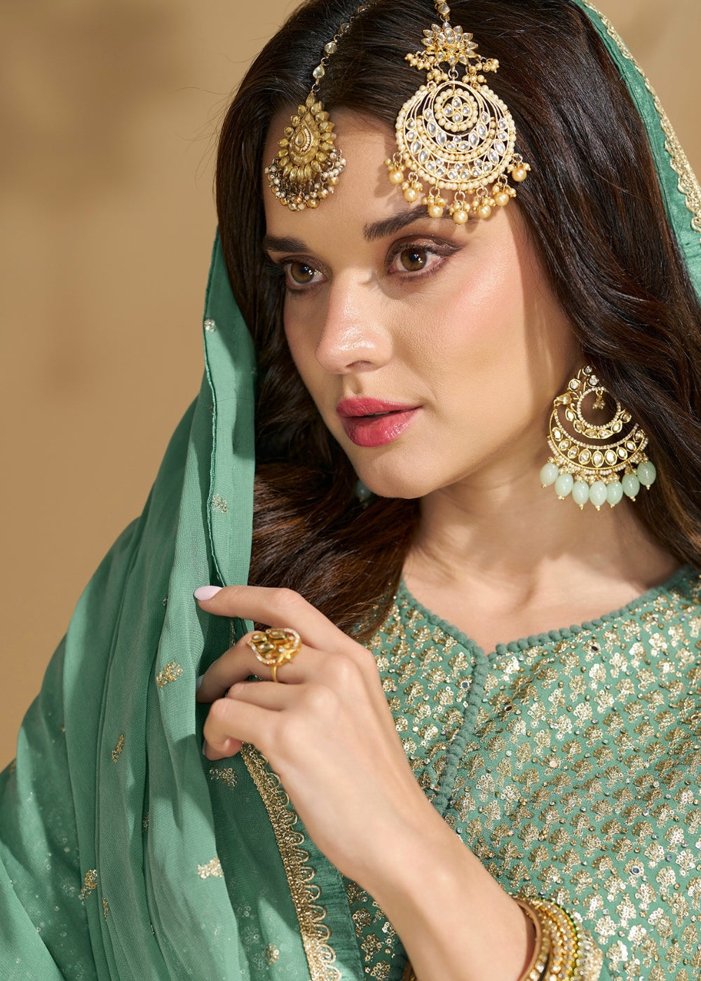 Mehka Mint Green Embroidered Georgette Lehenga Set