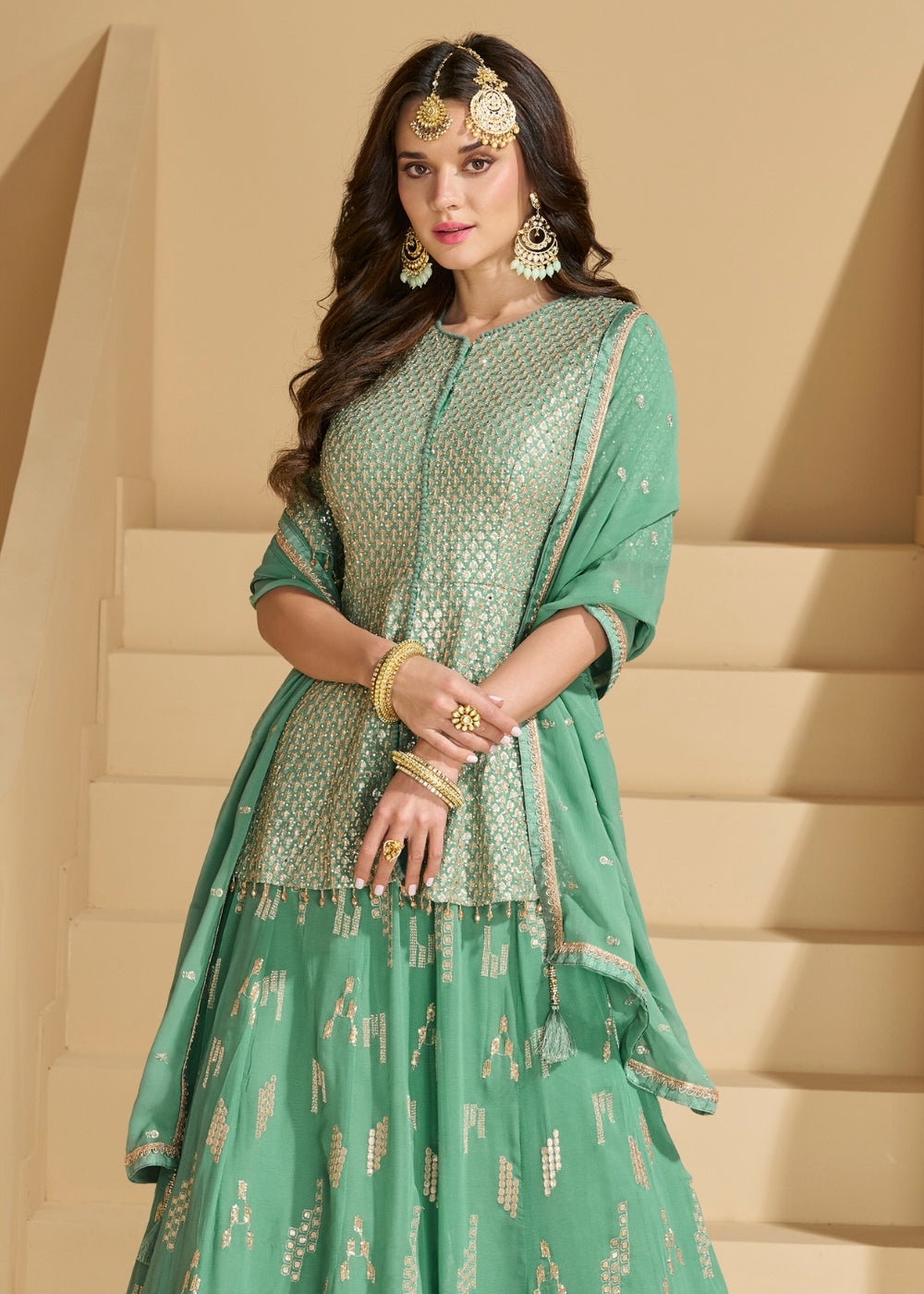 Mehka Mint Green Embroidered Georgette Lehenga Set