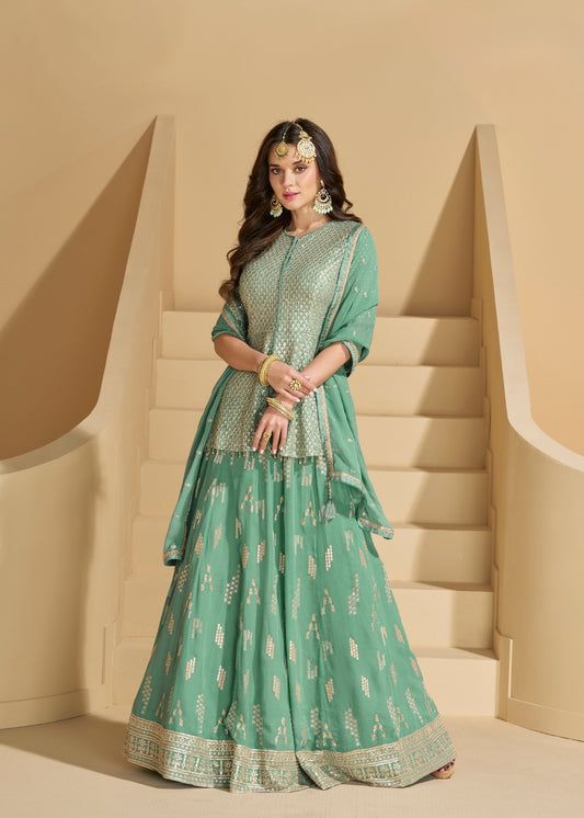 Mehka Mint Green Embroidered Georgette Lehenga Set