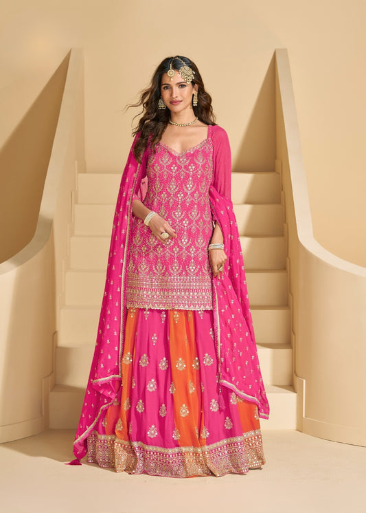 GulRang Pink-Orange Dual Tone Embroidered Georgette Lehenga Set
