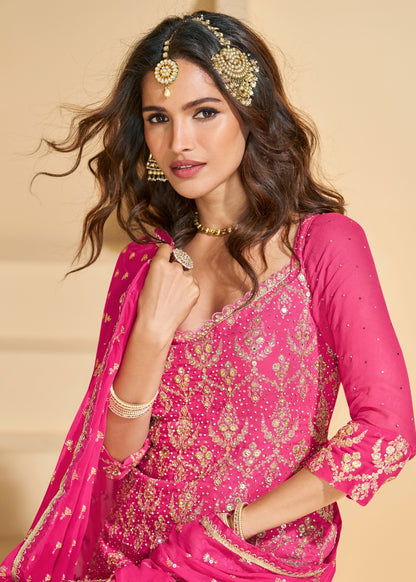 GulRang Pink-Orange Dual Tone Embroidered Georgette Lehenga Set