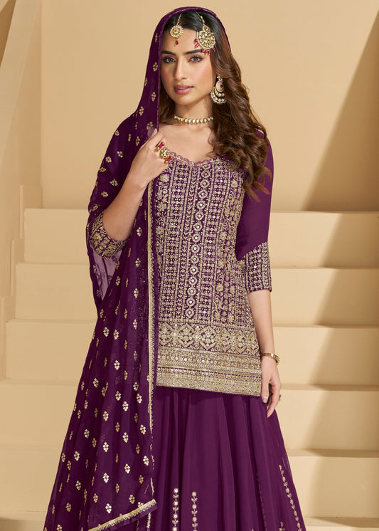 NeelKamala Royal Purple Embroidered Georgette Lehenga Set