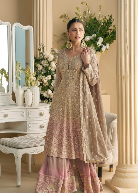 Dusty Rose Mauve Embroidered Georgette Suit Set with Seroski Embroider