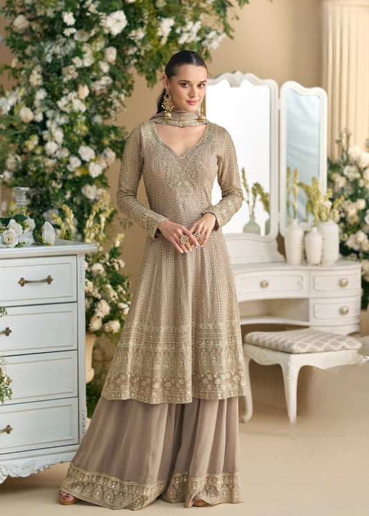 Mocha Gold Georgette Suit Set with Intricate Seroski Embroidery