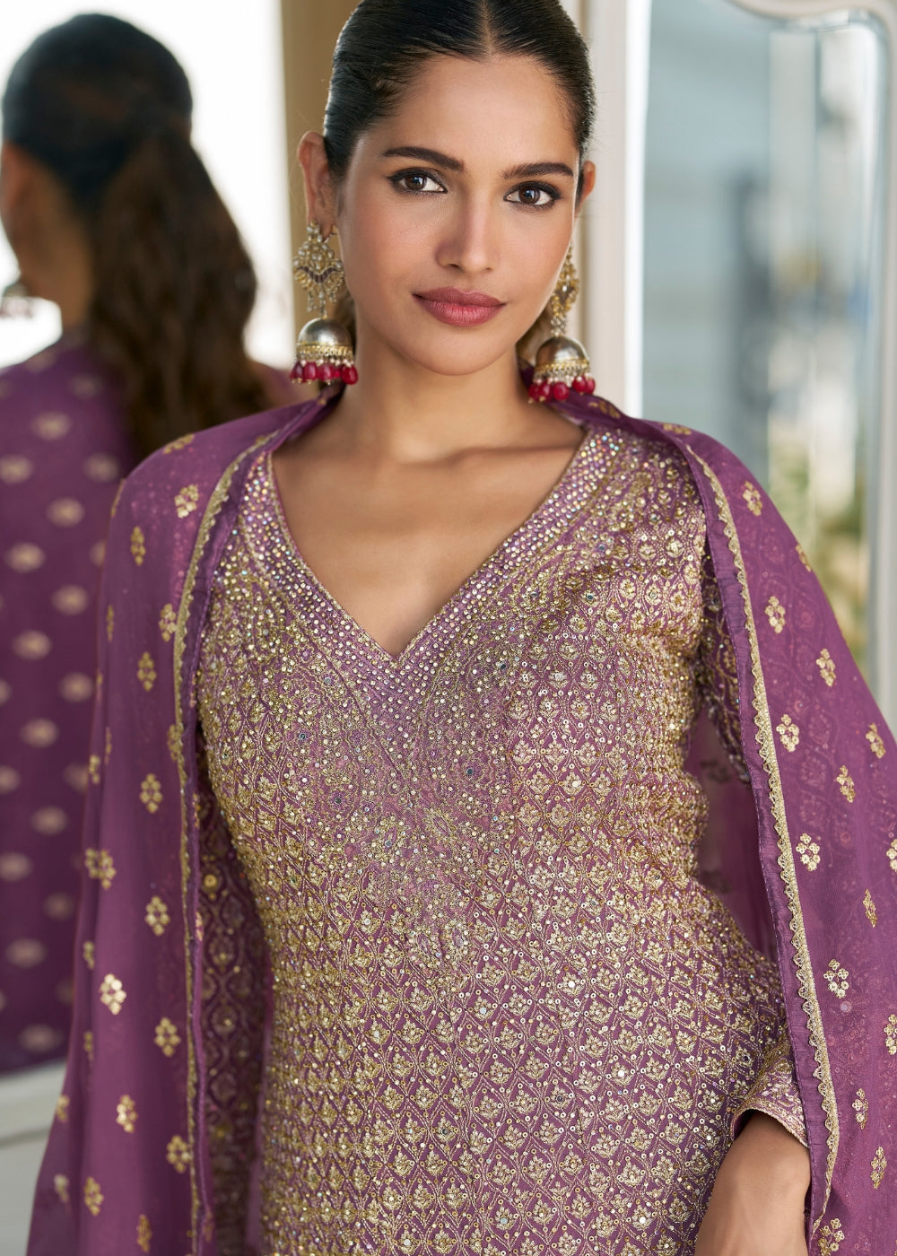 Royal Orchid Purple Designer Georgette Suit with Seroski Embroidery