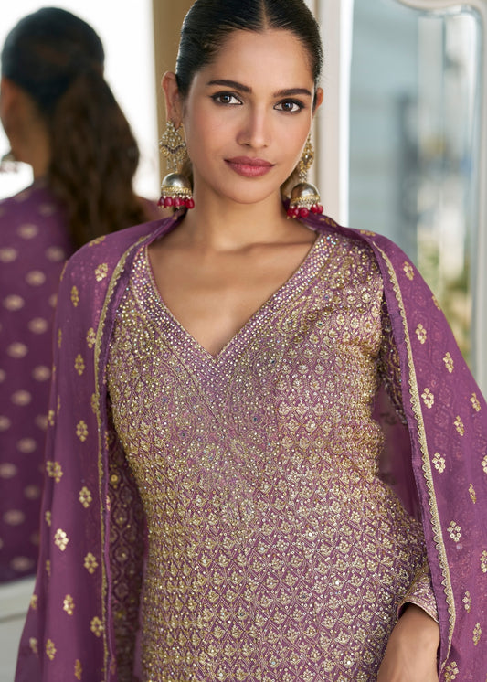 Royal Orchid Purple Designer Georgette Suit with Seroski Embroidery
