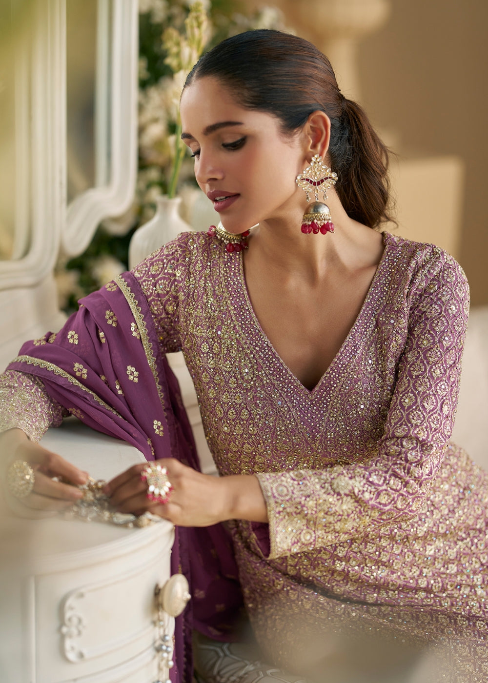 Royal Orchid Purple Designer Georgette Suit with Seroski Embroidery