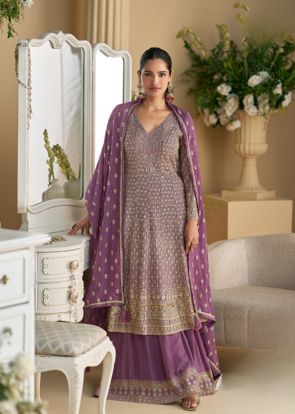 Royal Orchid Purple Designer Georgette Suit with Seroski Embroidery