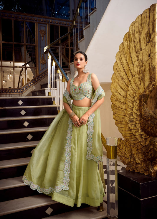 Harita-Keerti – Fresh Pistachio Green Silk Lehenga with Embellished Dupatta & Pearl Detailing