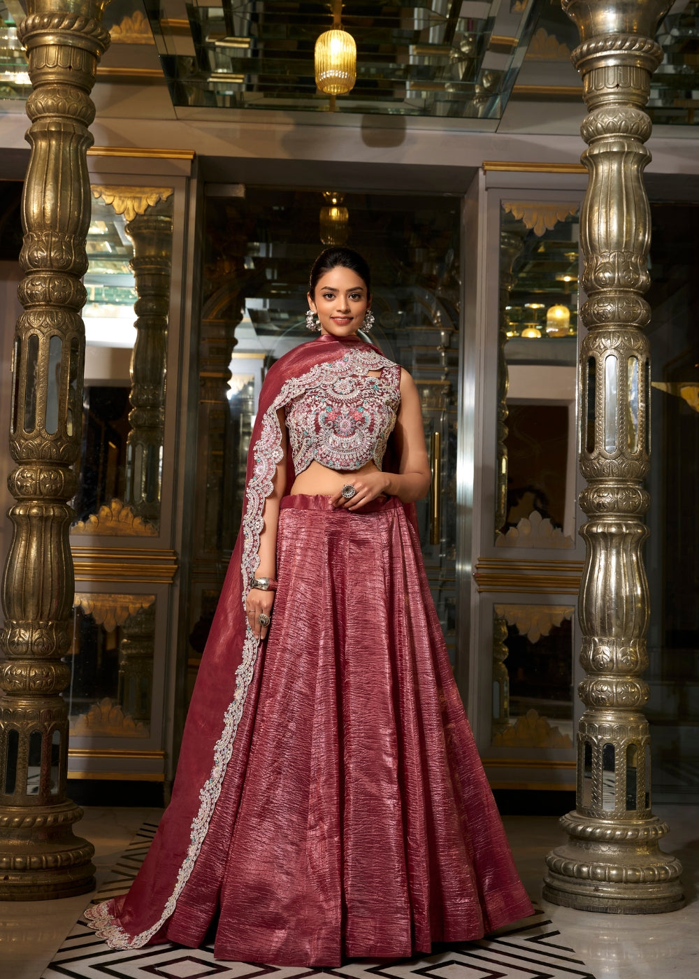 Gul-Rakt Roha – Deep Wine Raw Silk Lehenga with Pastel Embroidery & Lace Dupatta