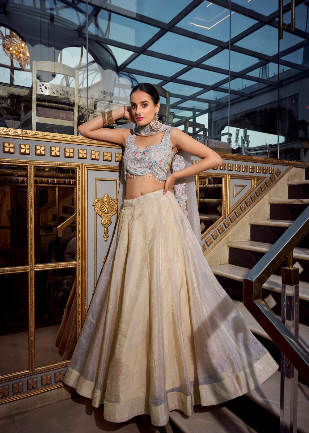 Shwet-Chandan – Ivory Gold Silk Lehenga with Handcrafted Threadwork & Organza Dupatta