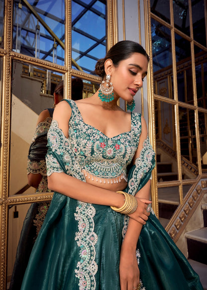 Mayur-Neel Roha – Royal Peacock Teal Silk Lehenga with Designer Cutwork Blouse