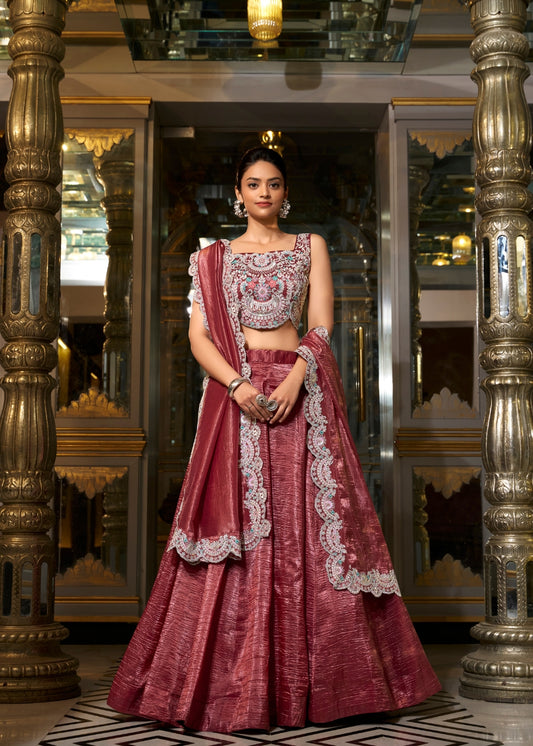 Gul-Rakt Roha – Deep Wine Raw Silk Lehenga with Pastel Embroidery & Lace Dupatta