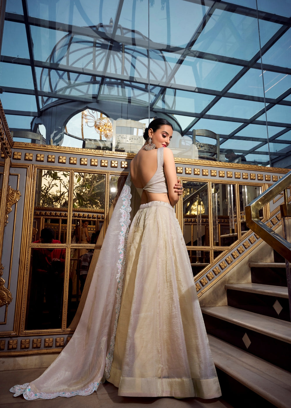Shwet-Chandan – Ivory Gold Silk Lehenga with Handcrafted Threadwork & Organza Dupatta