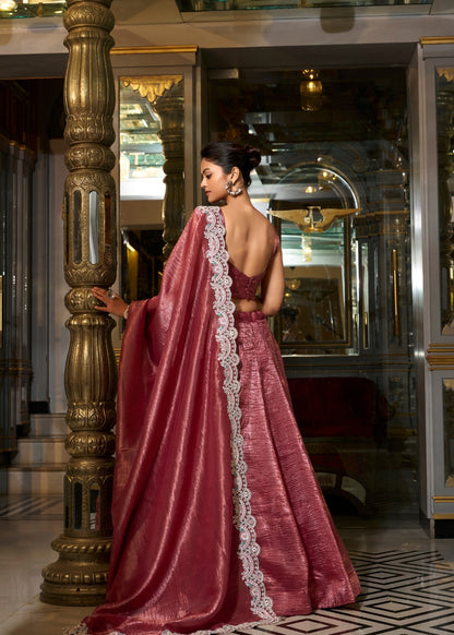Gul-Rakt Roha – Deep Wine Raw Silk Lehenga with Pastel Embroidery & Lace Dupatta