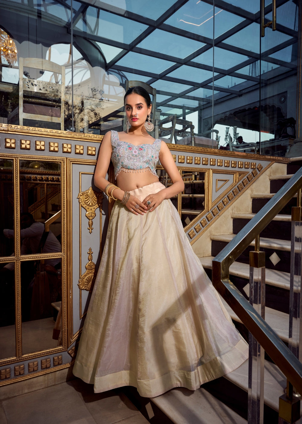 Shwet-Chandan – Ivory Gold Silk Lehenga with Handcrafted Threadwork & Organza Dupatta