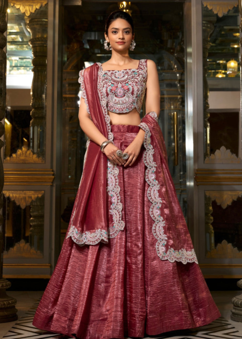 Gul-Rakt Roha – Deep Wine Raw Silk Lehenga with Pastel Embroidery & Lace Dupatta
