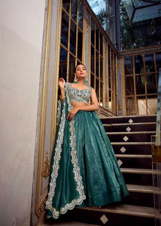 Mayur-Neel Roha – Royal Peacock Teal Silk Lehenga with Designer Cutwork Blouse