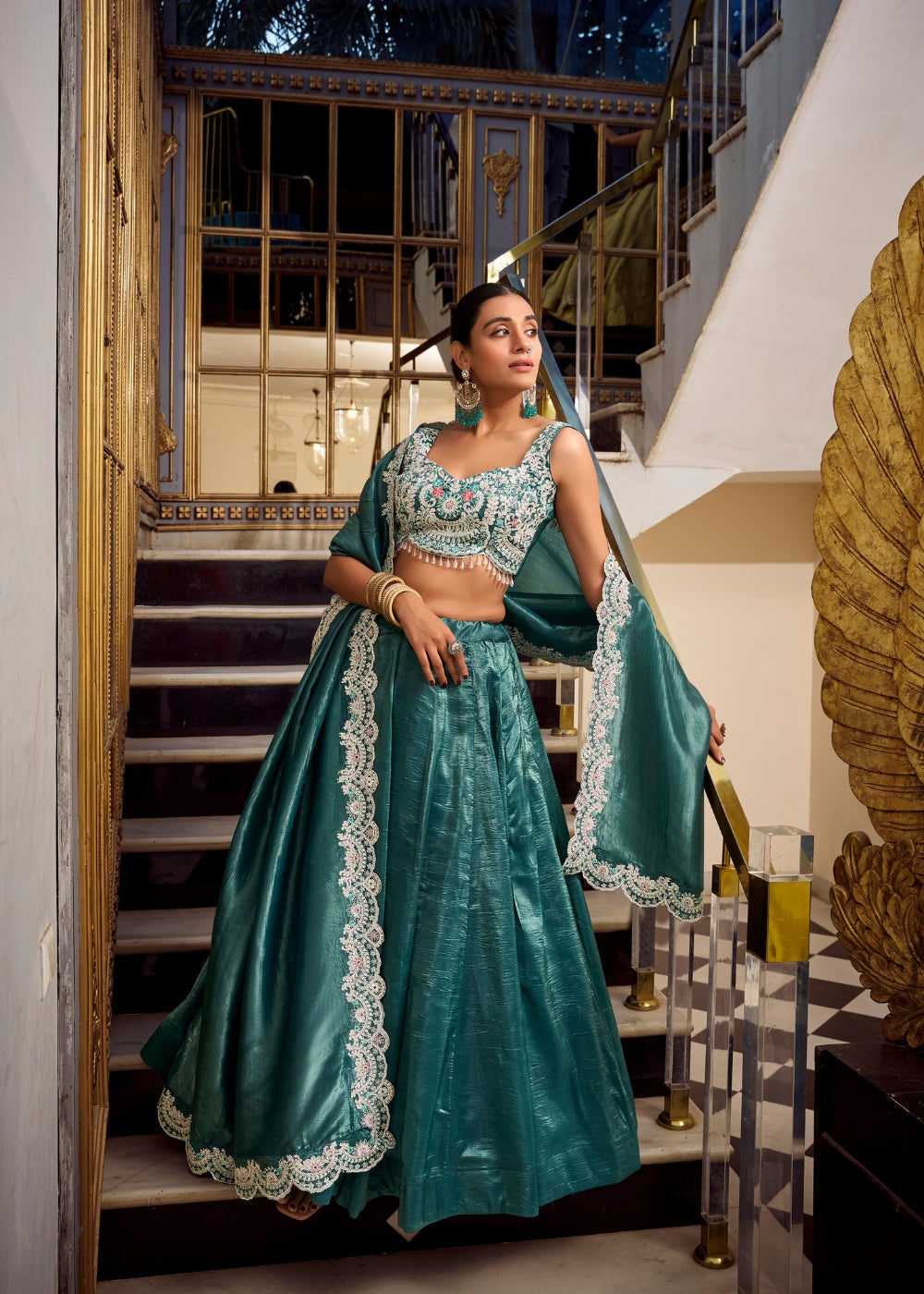 Mayur-Neel Roha – Royal Peacock Teal Silk Lehenga with Designer Cutwork Blouse