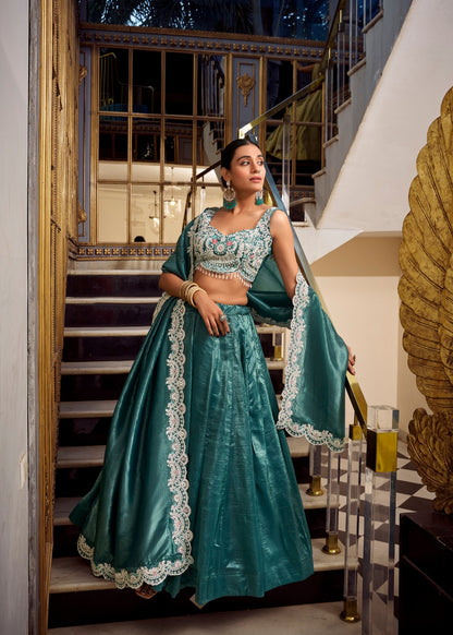 Mayur-Neel Roha – Royal Peacock Teal Silk Lehenga with Designer Cutwork Blouse