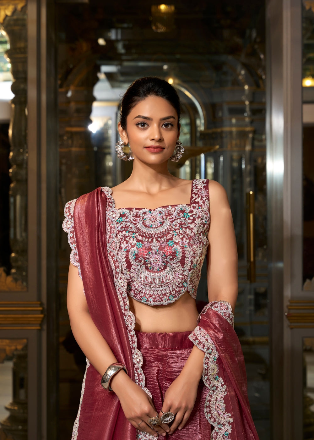 Gul-Rakt Roha – Deep Wine Raw Silk Lehenga with Pastel Embroidery & Lace Dupatta