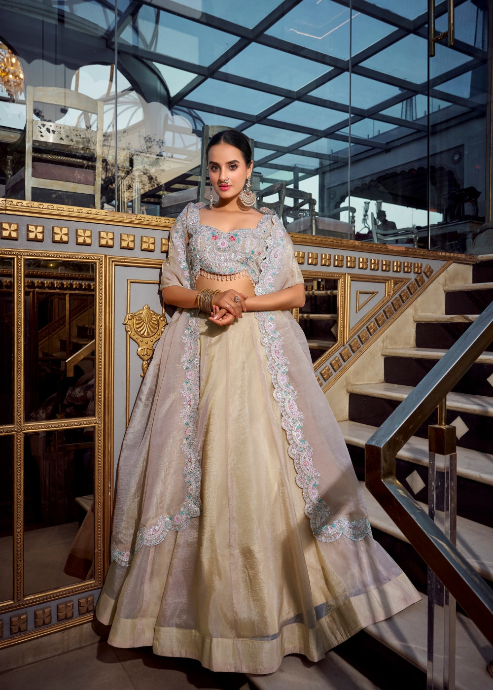 Shwet-Chandan – Ivory Gold Silk Lehenga with Handcrafted Threadwork & Organza Dupatta