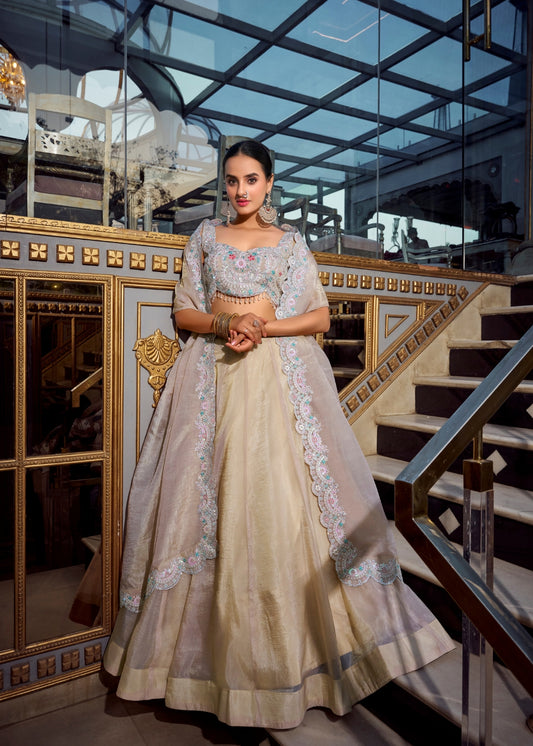 Shwet-Chandan – Ivory Gold Silk Lehenga with Handcrafted Threadwork & Organza Dupatta